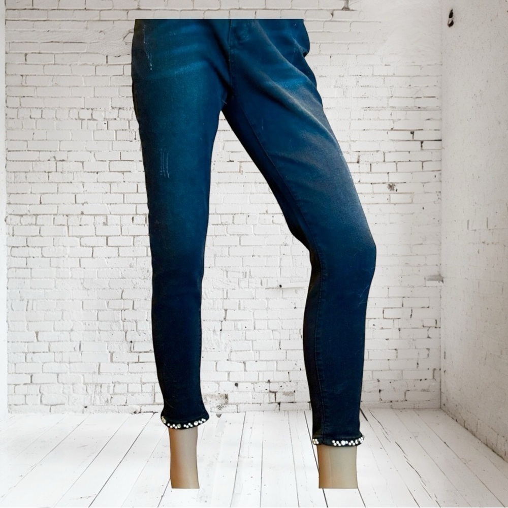 Designer Black skinny high waist Jeans cuff embellishments~Stretch 8-10 - Picture 5 of 5